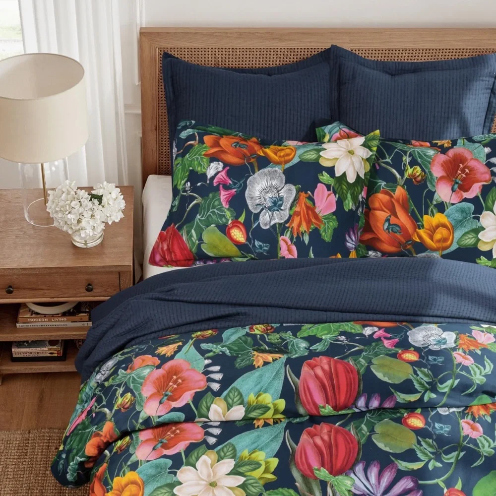 🆕 PB Style Floral Print King Duvet Sateen Cotton 3 Piece Set Navy Blue Pink NWT